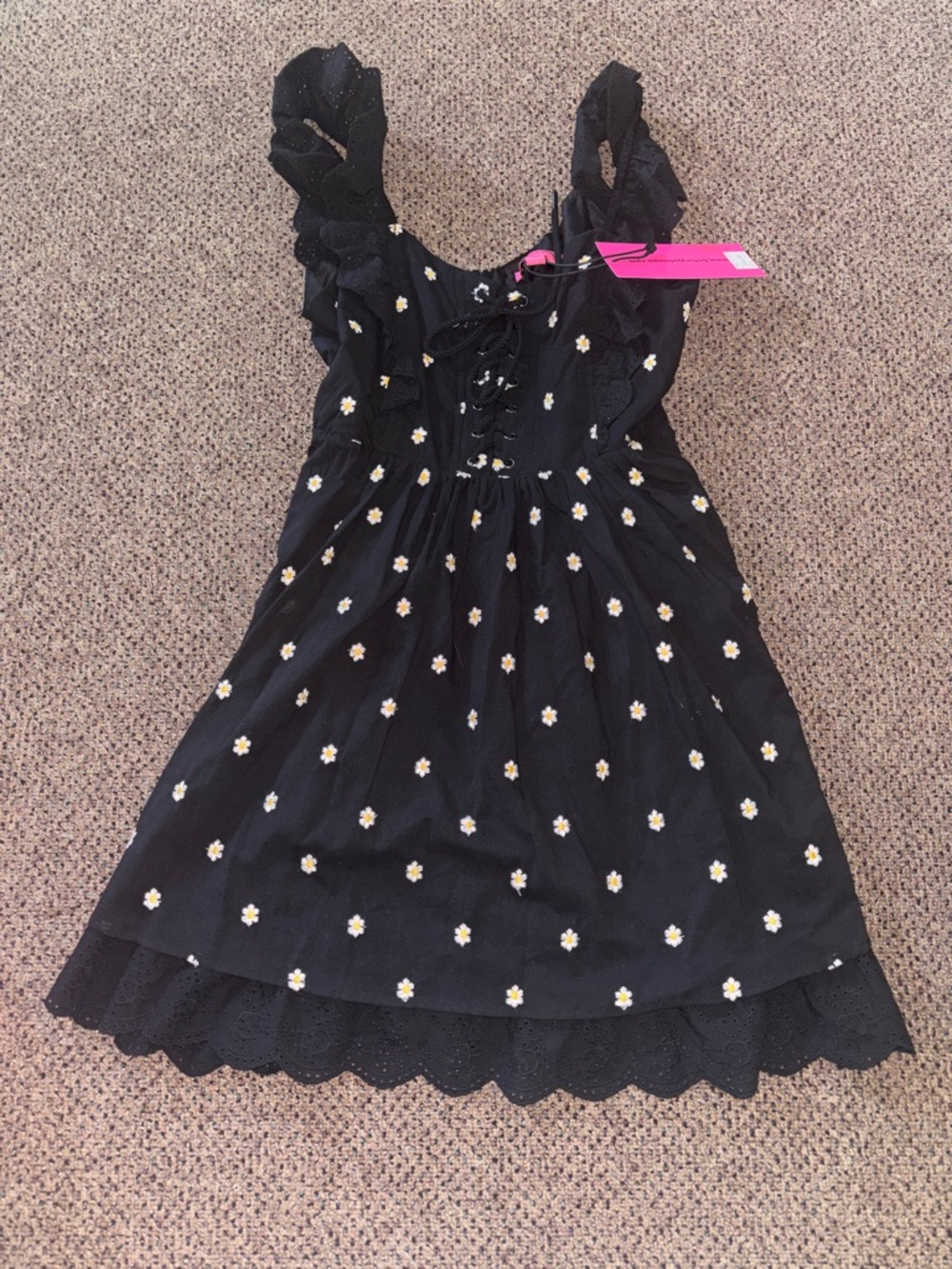 Black Mini Dress with Daisy Embroidery and Lace-Up Front